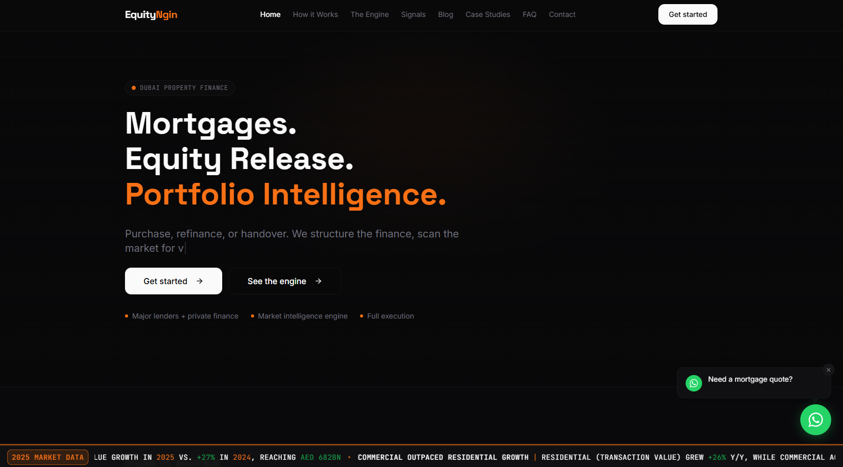 EquityNgin landing page showing mortgage, equity release, and portfolio intelligence services